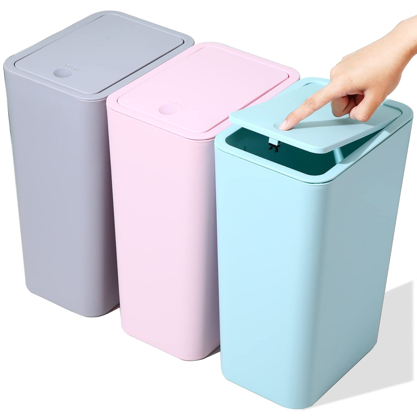 3 Pack Bathroom Small Trash Can with Lid,10L / 2.6 Gallon Slim Garbage Bin Wastebasket with Pop-Up Lid for Bedroom, Office, Kitchen, Craft Room, Fits Under Desk/Cabinet/Sink
